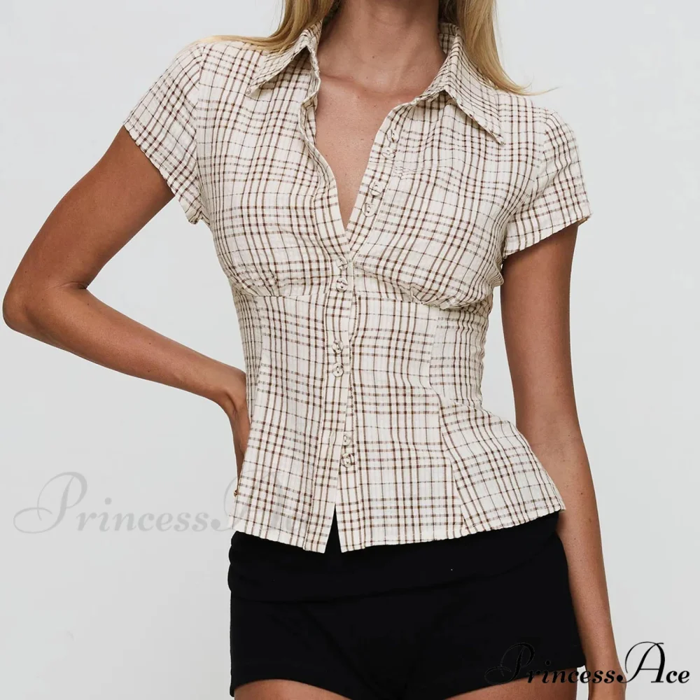 Y2K Tartan Button Down Short Sleeve Blouse - Image 2