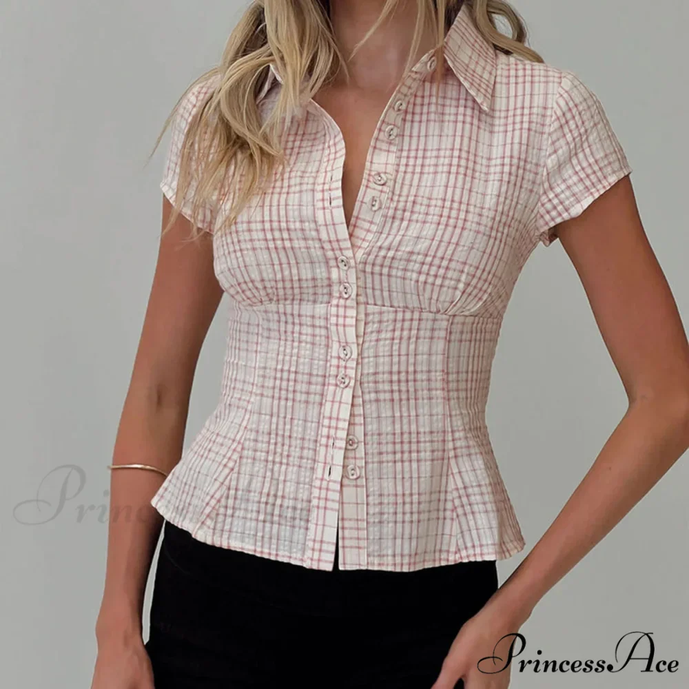 Y2K Tartan Button Down Short Sleeve Blouse - Image 4