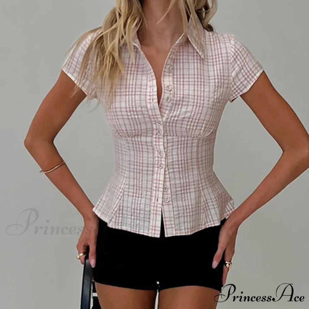 Y2K Tartan Button Down Short Sleeve Blouse - Image 5