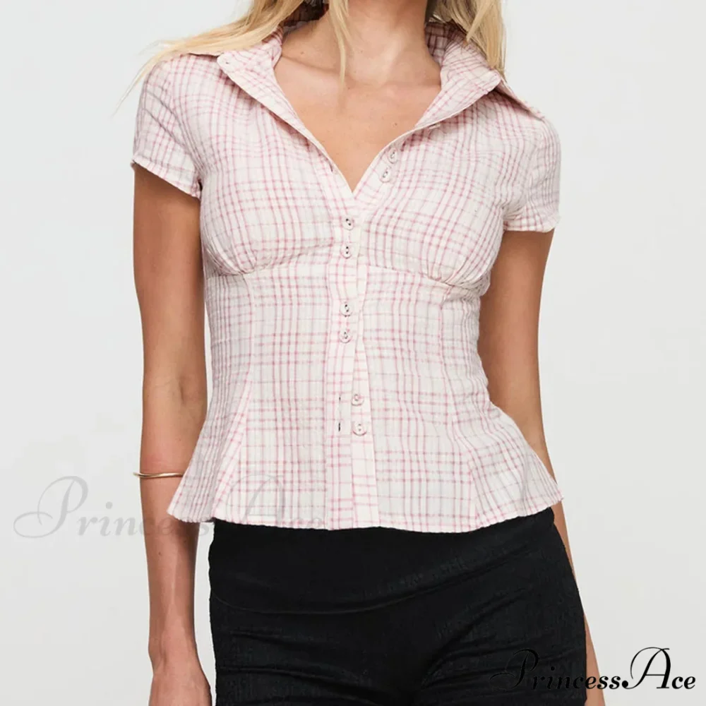 Y2K Tartan Button Down Short Sleeve Blouse - Image 6
