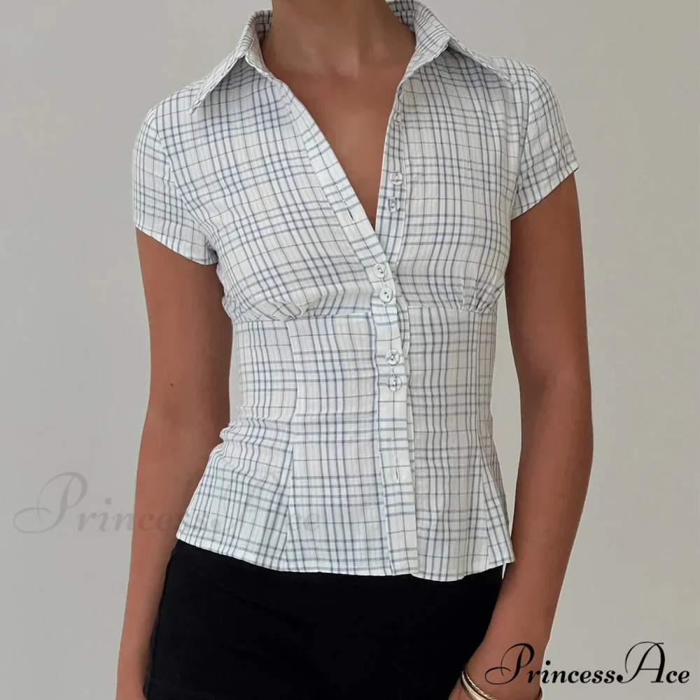 Y2K Tartan Button Down Short Sleeve Blouse - Image 7