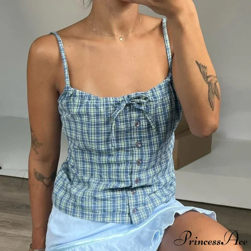Y2K Tartan Print Sleeveless 00s Aesthetic Front Button Vintage Backless Slim Fit Crop Top - Image 2