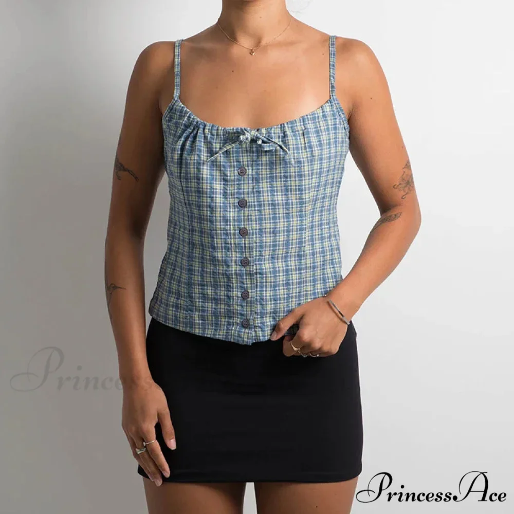 Y2K Tartan Print Sleeveless 00s Aesthetic Front Button Vintage Backless Slim Fit Crop Top - Image 3
