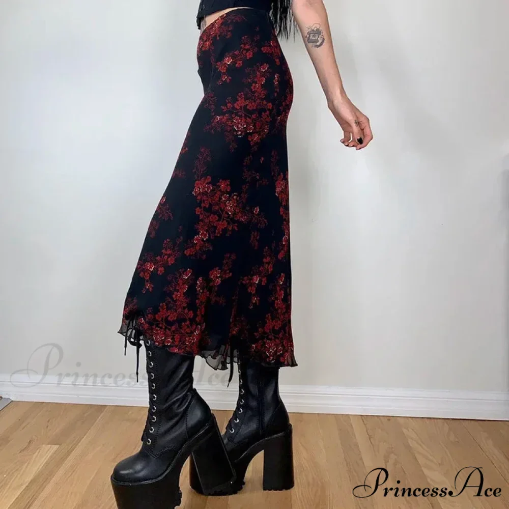 Y2K Vintage Flowered Printed High Waist Flounced Women's Long Skirt - Image 2
