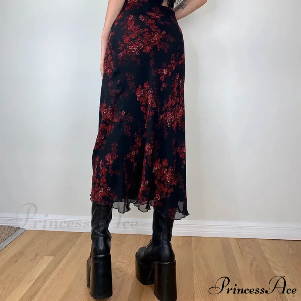 Y2K Vintage Flowered Printed High Waist Flounced Women's Long Skirt - Image 3