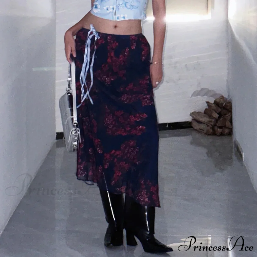Y2K Vintage Flowered Printed High Waist Flounced Women's Long Skirt - Image 4