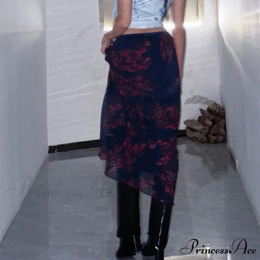 Y2K Vintage Flowered Printed High Waist Flounced Women's Long Skirt - Image 5