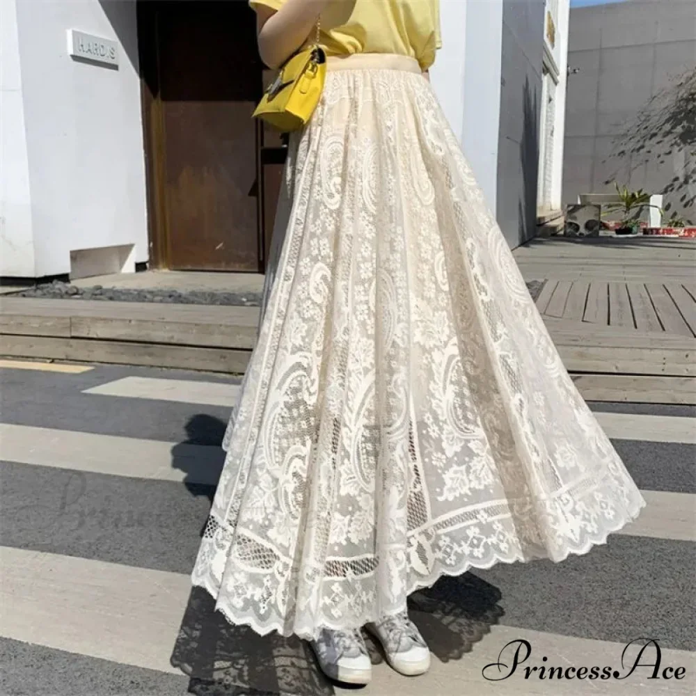 Y2K Women's Lace Crochet Parasol Maxi Skirt Bohemian Tall Waist - Image 4