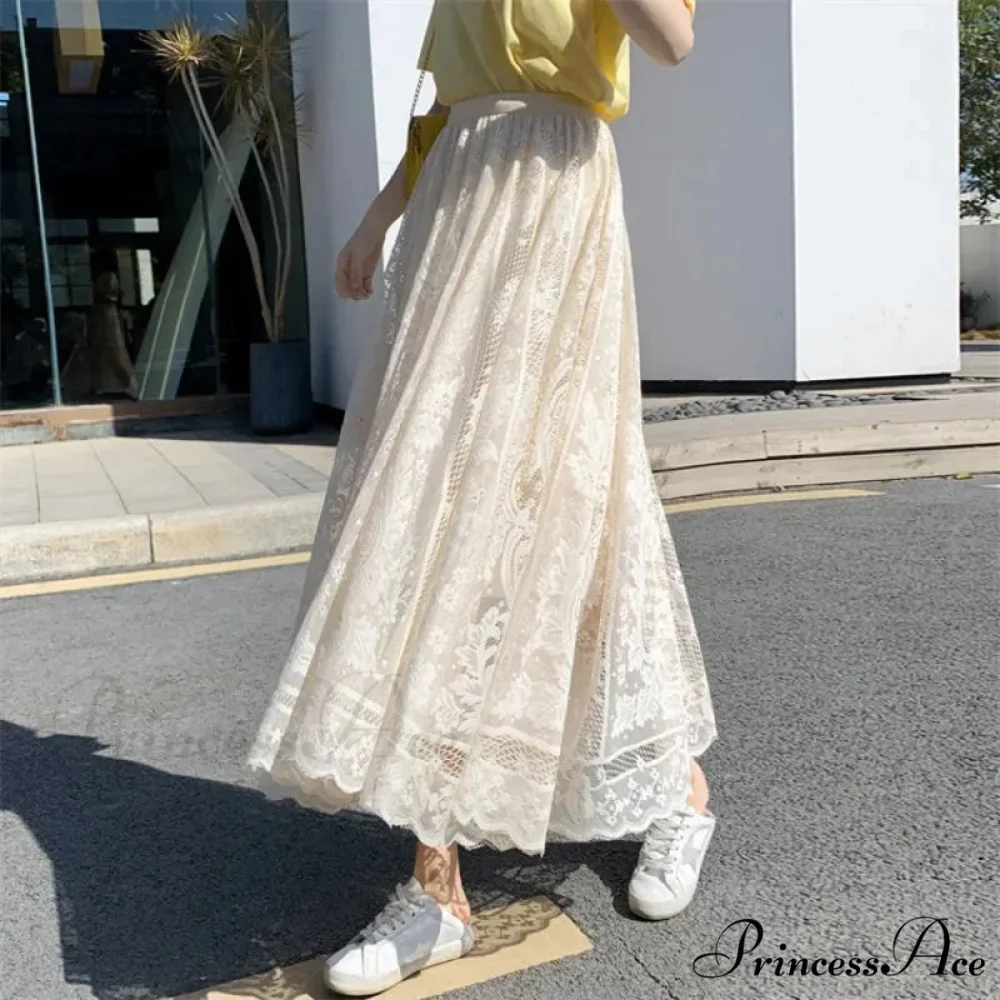 Y2K Women's Lace Crochet Parasol Maxi Skirt Bohemian Tall Waist - Image 5