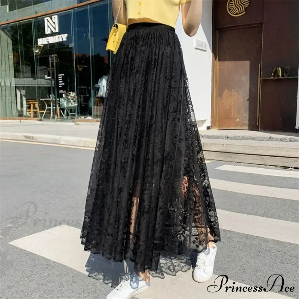 Y2K Women's Lace Crochet Parasol Maxi Skirt Bohemian Tall Waist - Image 6