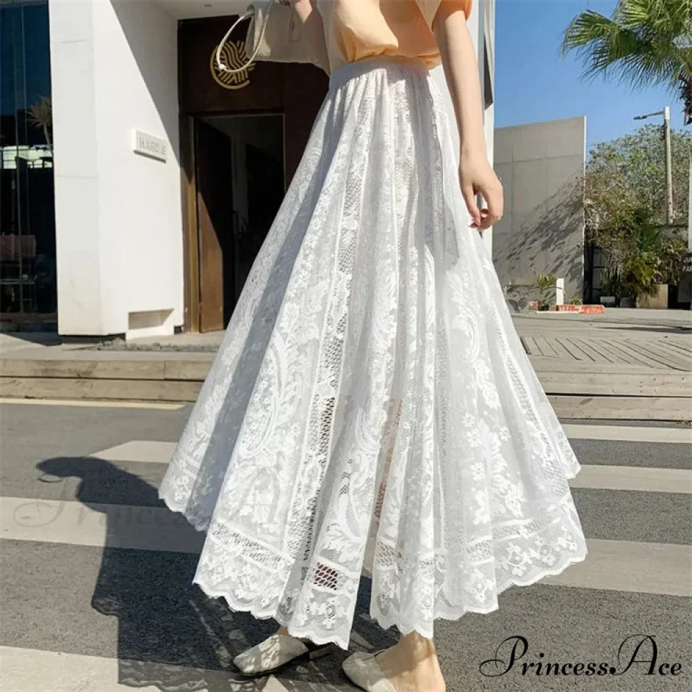 Y2K Women's Lace Crochet Parasol Maxi Skirt Bohemian Tall Waist - Image 7