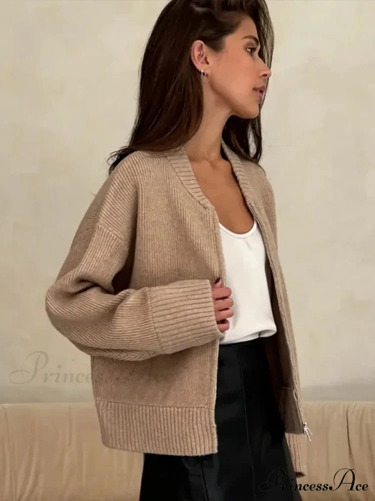 Zip Fastener Circular Neck Baggy Stylish Cardigan - Image 4