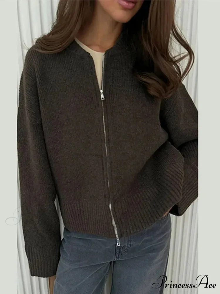 Zip Fastener Circular Neck Baggy Stylish Cardigan - Image 6